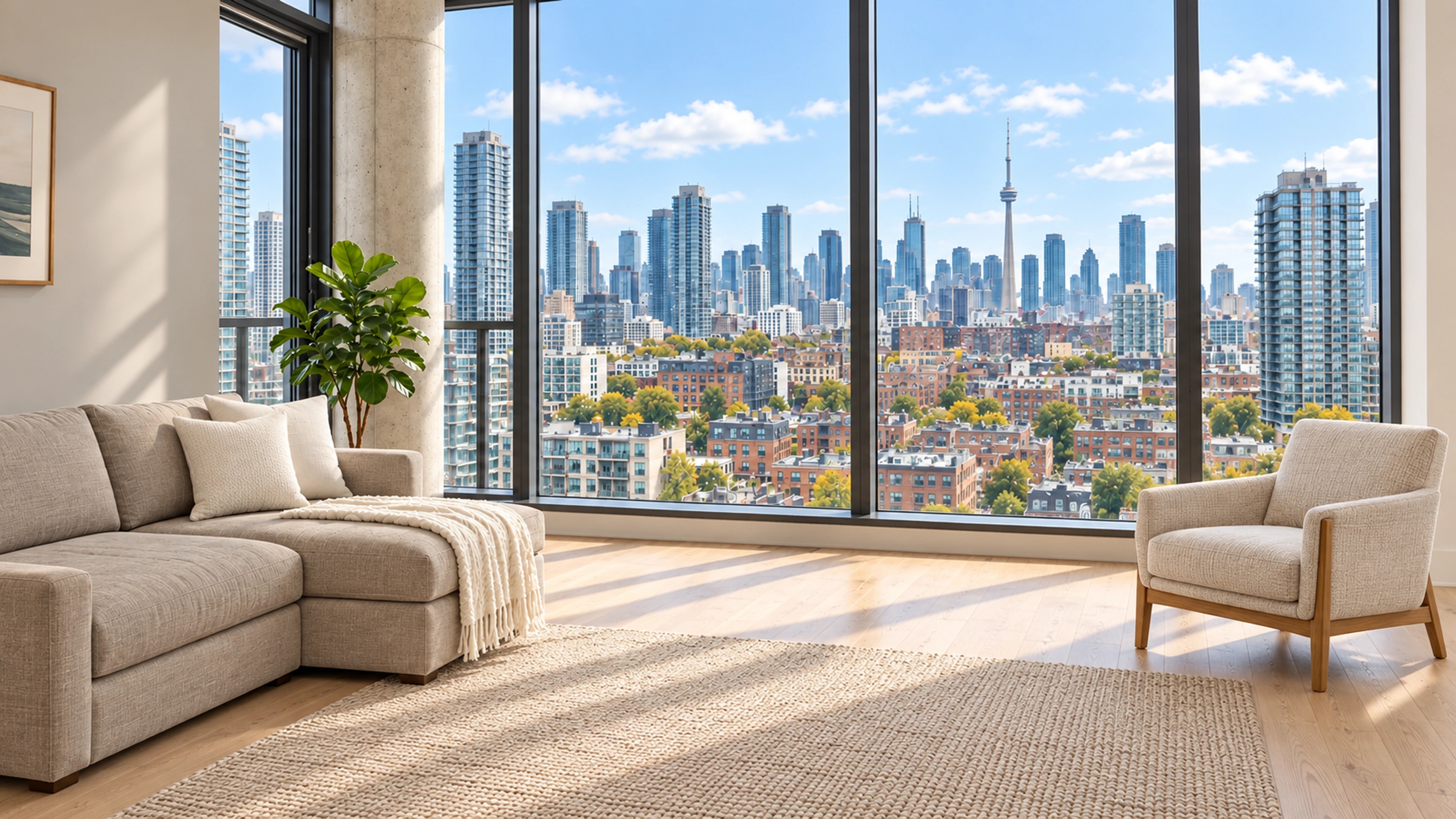 Bright Toronto rental condominium overlooking the city skyline and CN Tower