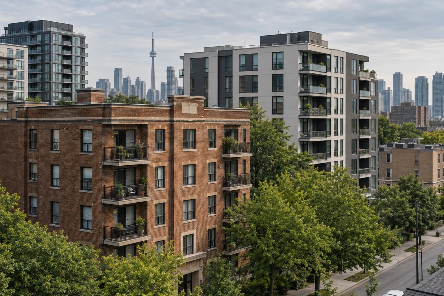 Architectural rendering of older brick and newer residential buildings
