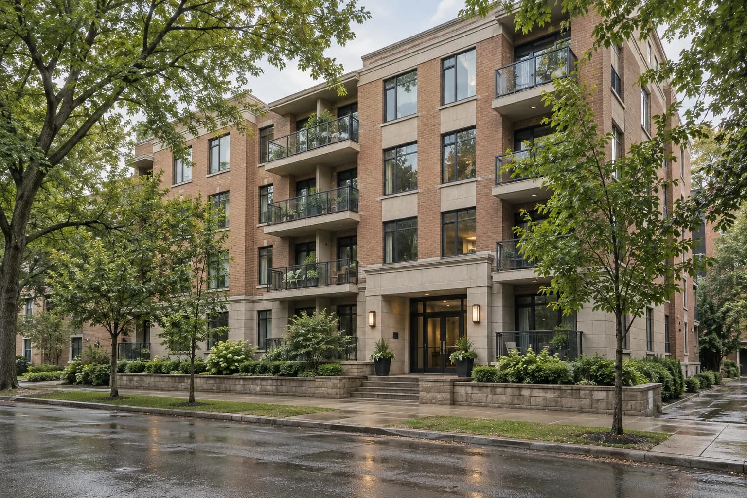 Architectural rendering of a tree-lined apartment building