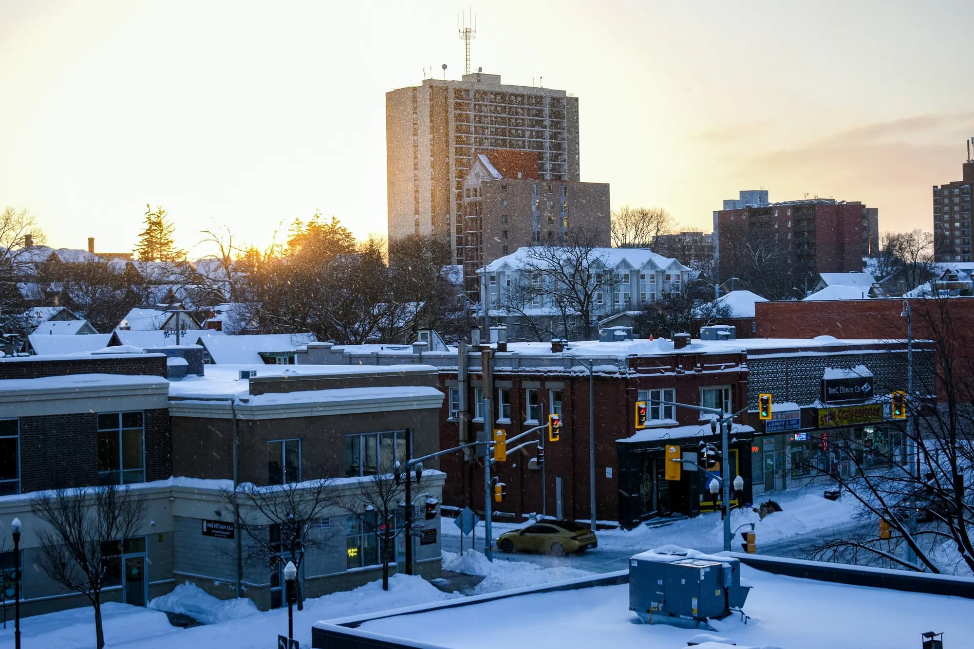 Downtown Kitchener, Ontario, under snow at sunrise