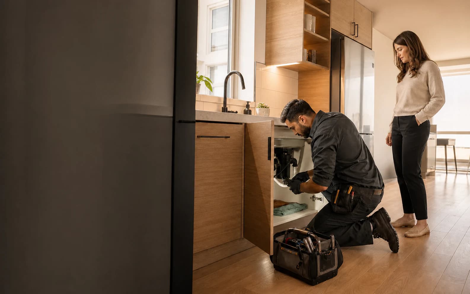 A maintenance professional inspects a modern rental apartment
