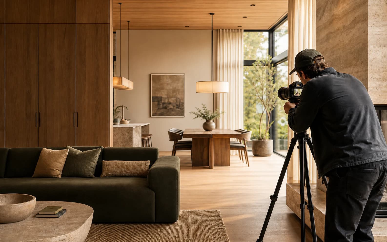 An architectural photographer photographs a bright Canadian rental interior