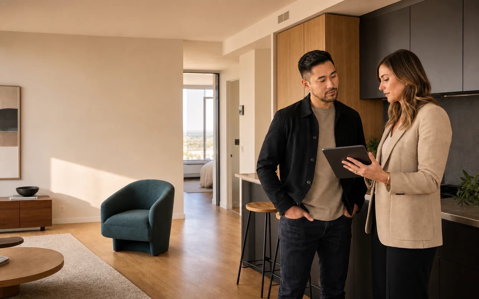 A property manager reviews a modern Canadian rental home with an owner