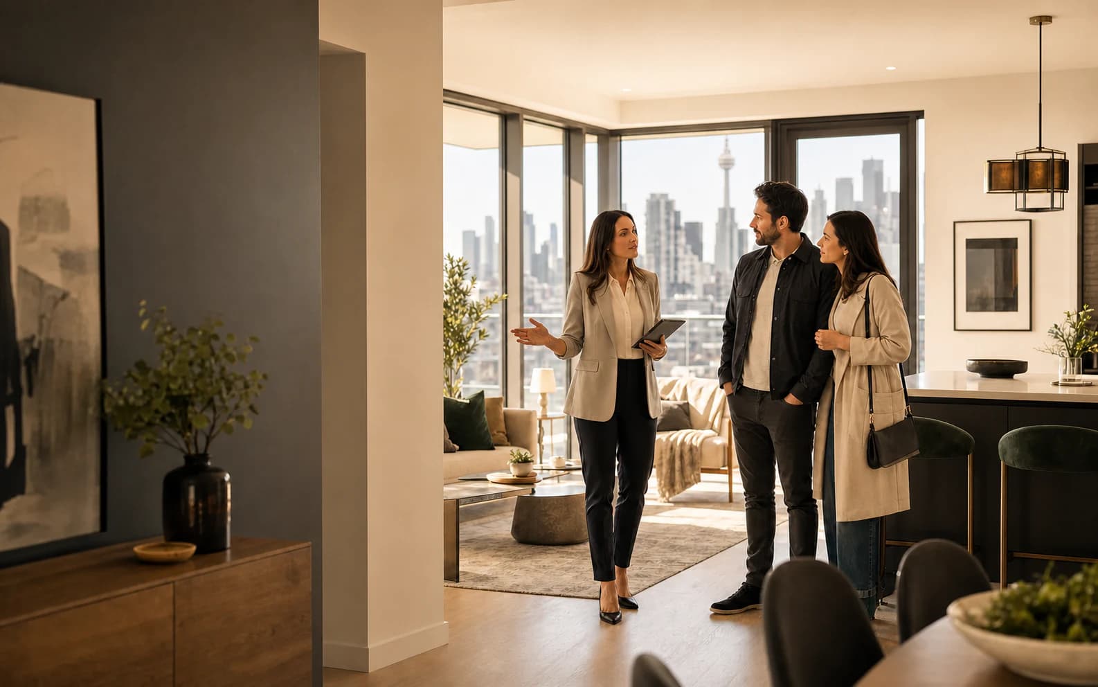 A leasing professional welcomes prospective tenants to a bright Canadian condo