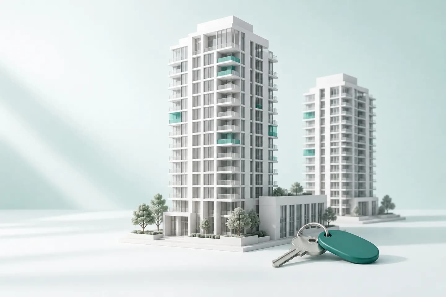 Architectural illustration of condominium buildings and an access fob