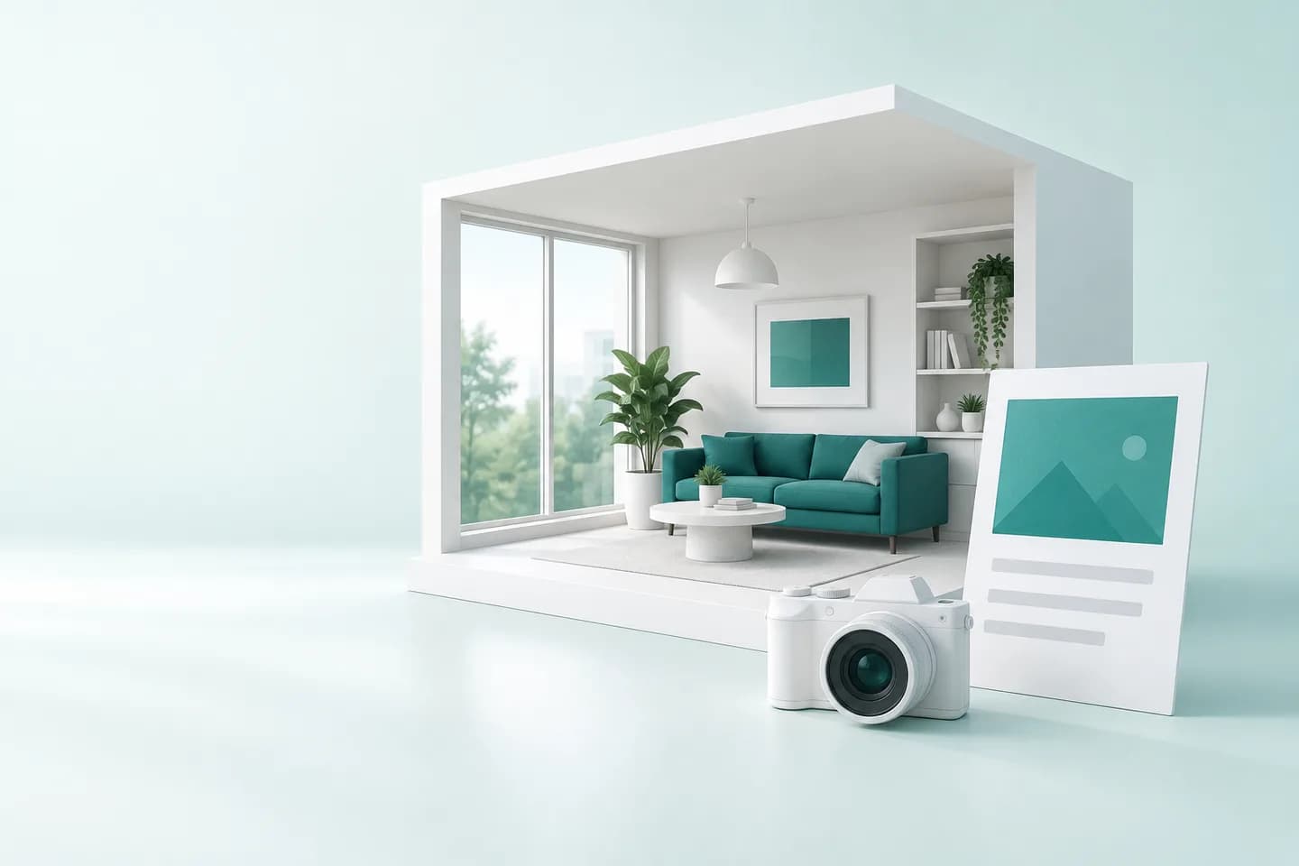 Illustration of a rental interior, camera and property advertisement