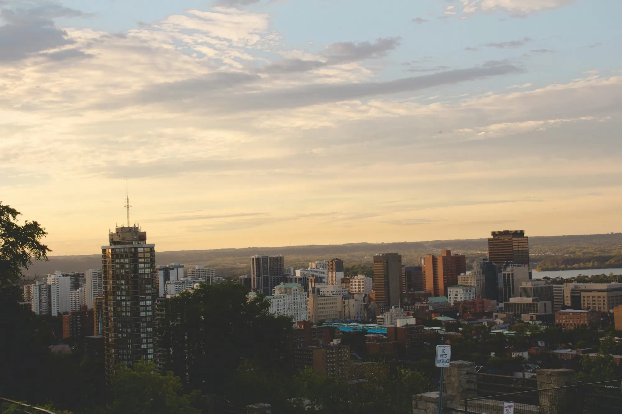 Downtown Hamilton, Ontario, seen from above at sunset