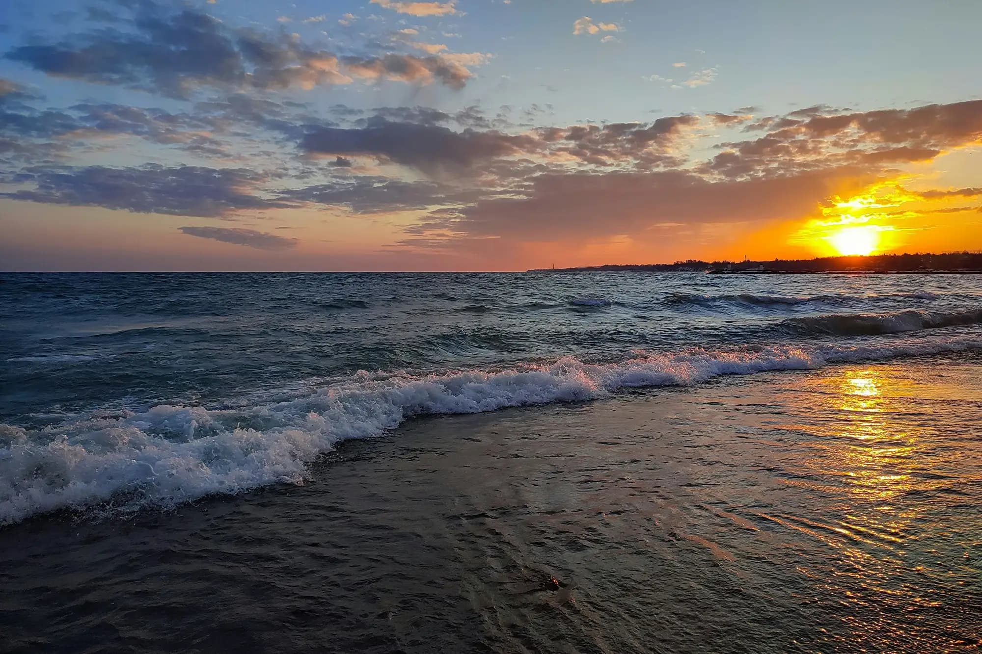 Lake Ontario shoreline at sunset in Pickering, Ontario