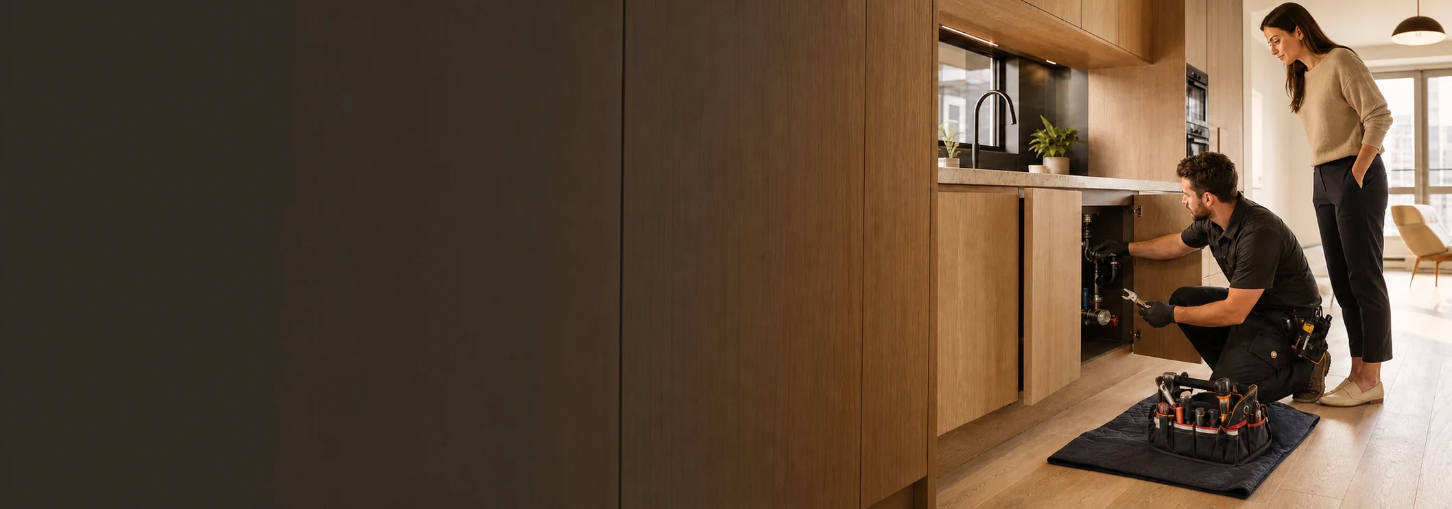 A maintenance professional inspects a modern rental apartment