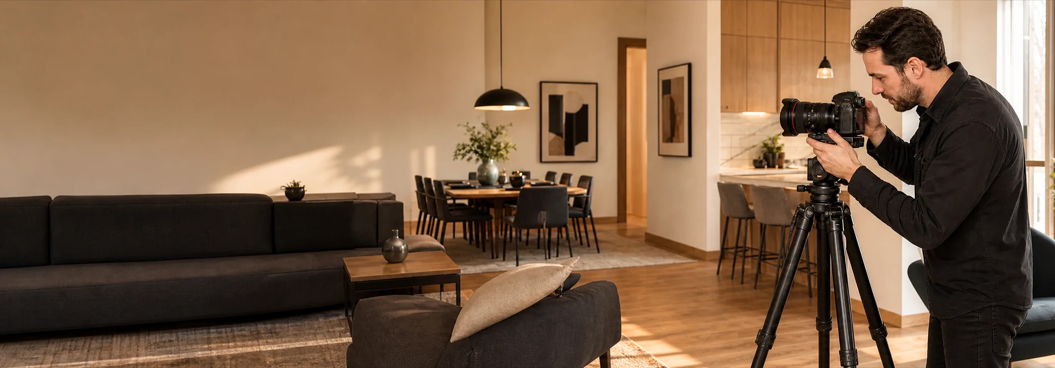 An architectural photographer photographs a bright Canadian rental interior