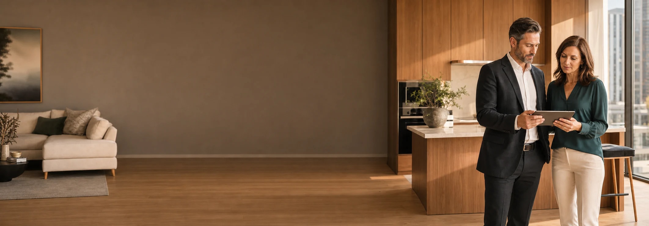 A property manager reviews a modern Canadian rental home with an owner