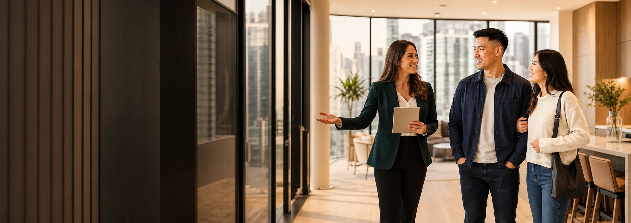 A leasing professional welcomes prospective tenants to a bright Canadian condo
